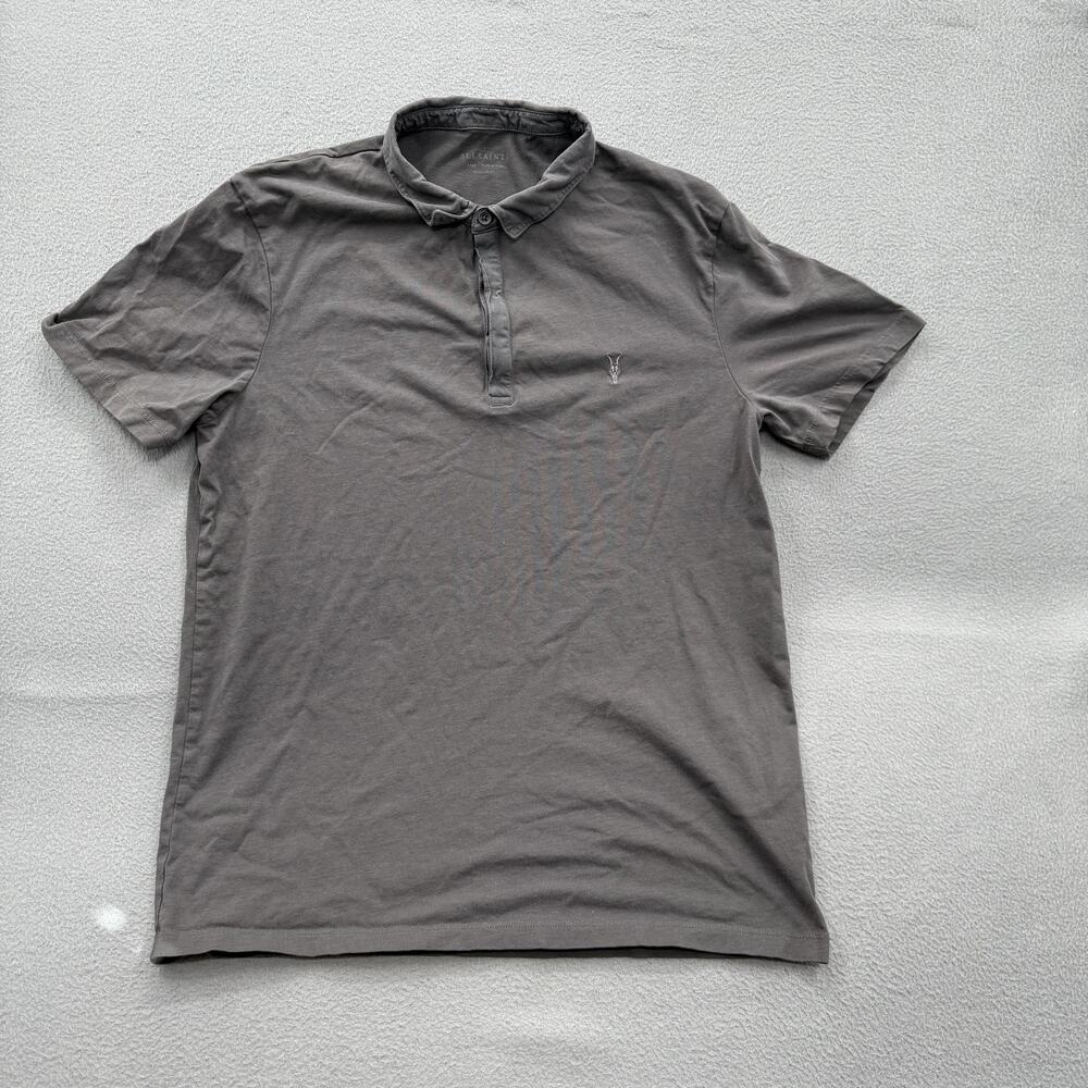 AllSaints Polo Shirt Mens Large Gray Short Sleeve Cotton Ram Skull Logo Casual